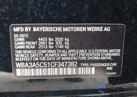 2012 BMW 328I from USA, damaged, VIN WBA3A5C51CF347382